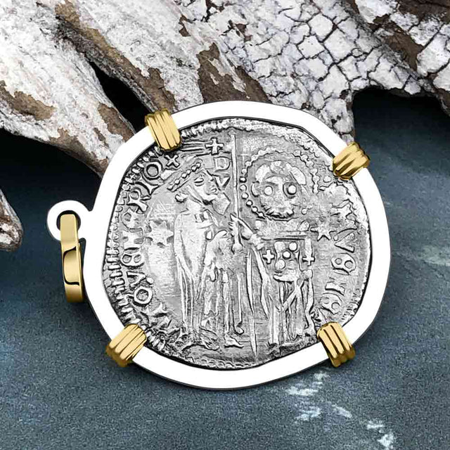 Venetian Jesus Christ Glory, Devotion & Courage Silver 1390 Grosso Coin 14K Gold and Sterling Silver Pendant
