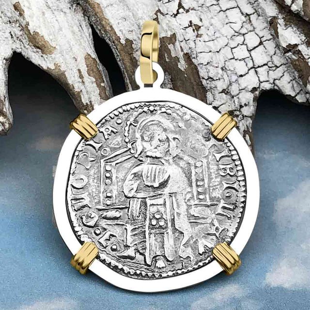 Venetian Jesus Christ Glory, Devotion & Courage Silver 1390 Grosso Coin 14K Gold and Sterling Silver Pendant