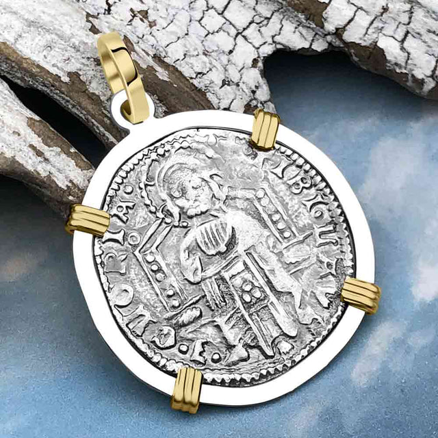 Venetian Jesus Christ Glory, Devotion & Courage Silver 1390 Grosso Coin 14K Gold and Sterling Silver Pendant