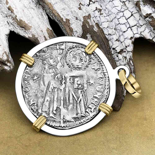 Venetian Jesus Christ Glory, Devotion & Courage Silver 1390 Grosso Coin 14K Gold and Sterling Silver Pendant