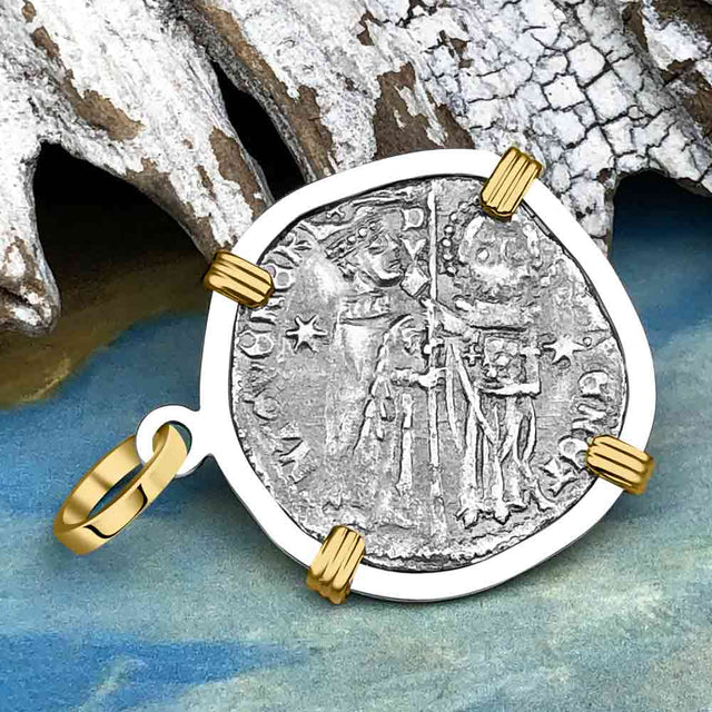 Venetian Jesus Christ Glory, Devotion & Courage Silver 1390 Grosso Coin 14K Gold and Sterling Silver Pendant
