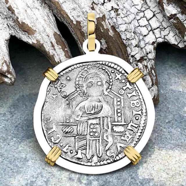 Venetian Jesus Christ Glory, Devotion & Courage Silver 1390 Grosso Coin 14K Gold and Sterling Silver Pendant