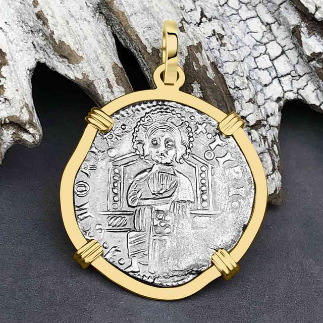 Venetian Jesus Christ Glory, Devotion & Courage Silver 1390 Grosso Coin 14K Gold Pendant