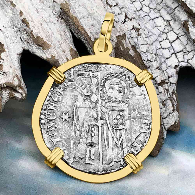 Venetian Jesus Christ Glory, Devotion & Courage Silver 1390 Grosso Coin 14K Gold Pendant