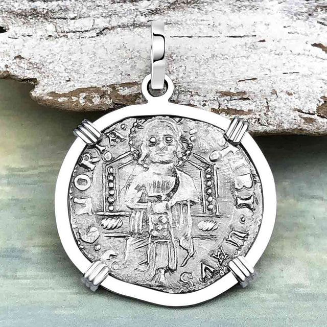 Venetian Jesus Christ Glory, Devotion & Courage Silver 1390 Grosso Coin 14K White Gold Pendant