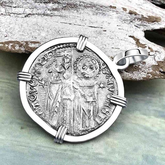 Venetian Jesus Christ Glory, Devotion & Courage Silver 1390 Grosso Coin 14K White Gold Pendant