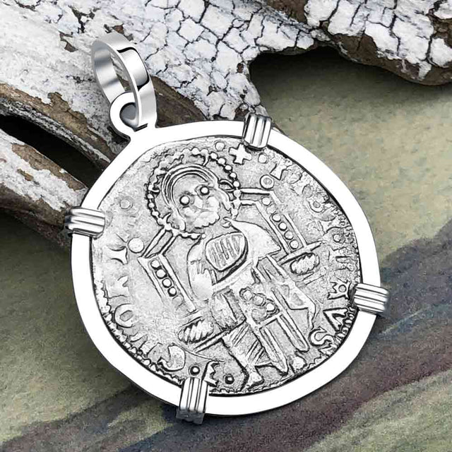 Venetian Jesus Christ Glory, Devotion & Courage Silver 1390 Grosso Coin 14K White Gold Pendant