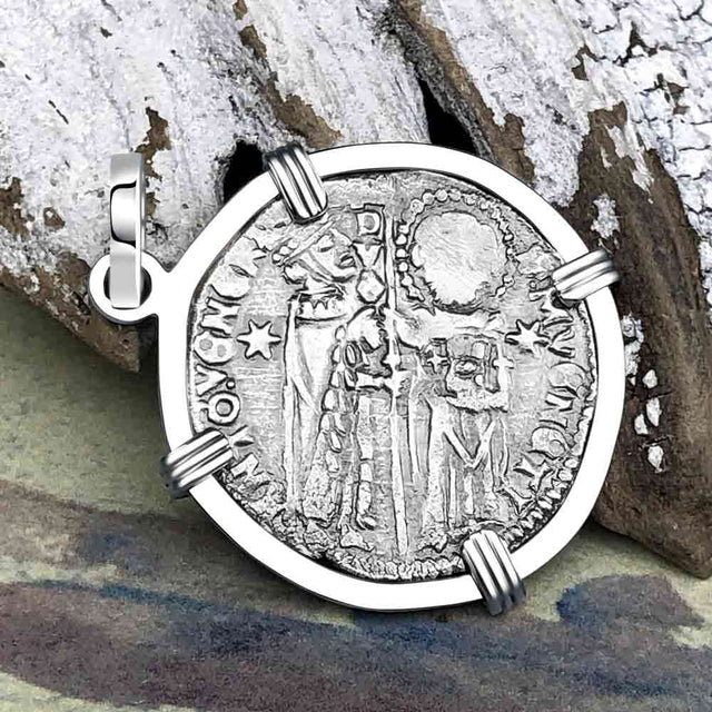 Venetian Jesus Christ Glory, Devotion & Courage Silver 1390 Grosso Coin 14K White Gold Pendant