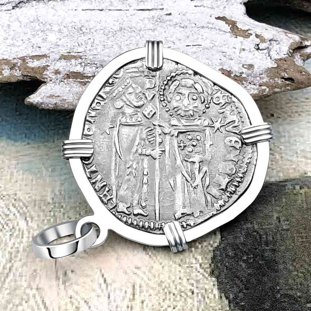 Venetian Jesus Christ Glory, Devotion & Courage Silver 1390 Grosso Coin 14K White Gold Pendant