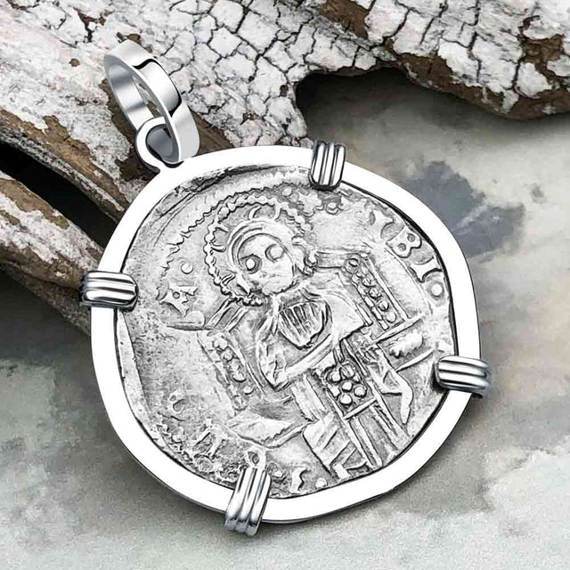 Venetian Jesus Christ Glory, Devotion & Courage Silver 1390 Grosso Coin 14K White Gold Pendant