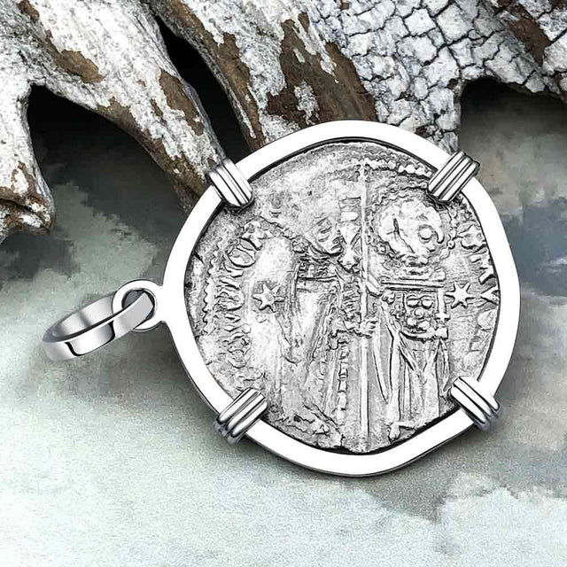 Venetian Jesus Christ Glory, Devotion & Courage Silver 1390 Grosso Coin 14K White Gold Pendant