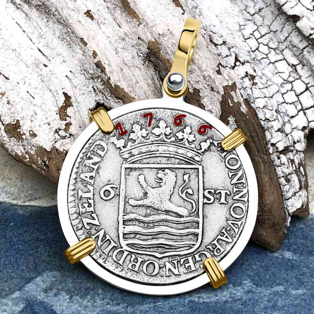Dutch East India Company 1766 Silver 6 Stuiver Ship Shilling "I Struggle and Survive" 14K Gold & Sterling Silver Pendant