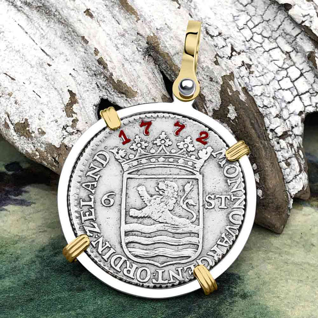 Dutch East India Company 1772 Silver 6 Stuiver Ship Shilling "I Struggle and Survive" 14K Gold & Sterling Silver Pendant