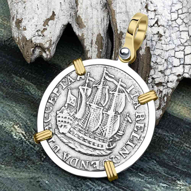 Dutch East India Company 1767 Silver 6 Stuiver Ship Shilling "I Struggle and Survive" 14K Gold & Sterling Silver Pendant