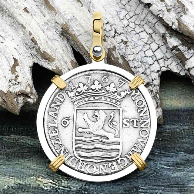 Dutch East India Company 1767 Silver 6 Stuiver Ship Shilling "I Struggle and Survive" 14K Gold & Sterling Silver Pendant