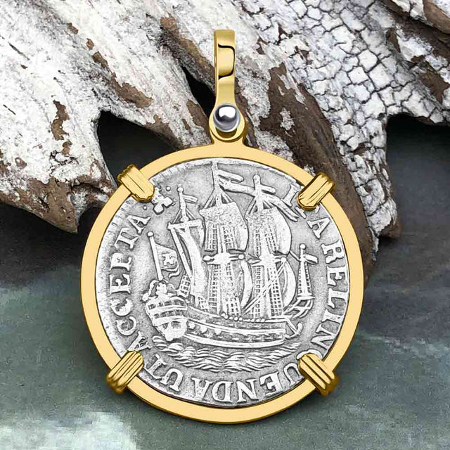 Dutch East India Company 1769 Silver 6 Stuiver Ship Shilling "I Struggle and Survive" 14K Gold Pendant