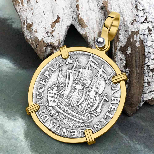 Dutch East India Company 1769 Silver 6 Stuiver Ship Shilling "I Struggle and Survive" 14K Gold Pendant