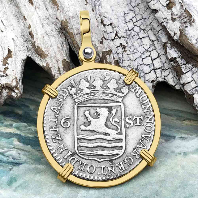 Dutch East India Company 1791 Silver 6 Stuiver Ship Shilling "I Struggle and Survive" 14K Gold Pendant