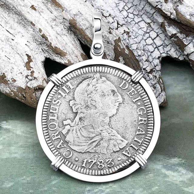El Cazador Shipwreck 1783 2 Reale Piece of 8 14K White Gold Pendant