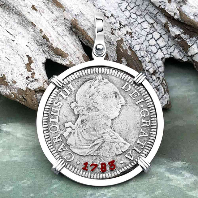 El Cazador Shipwreck 1783 2 Reale Piece of 8 14K White Gold Pendant