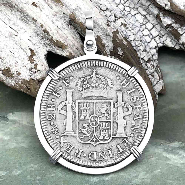 El Cazador Shipwreck 1783 2 Reale Piece of 8 14K White Gold Pendant