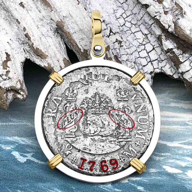 El Cazador Shipwreck 1768 RARE Pillar Dollar 2 Reale Piece of 8 14K Gold and Sterling Silver Pendant