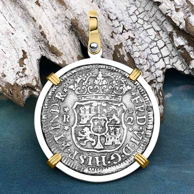 El Cazador Shipwreck 1755 RARE Pillar Dollar 2 Reale Piece of 8 14K Gold and Sterling Silver Pendant