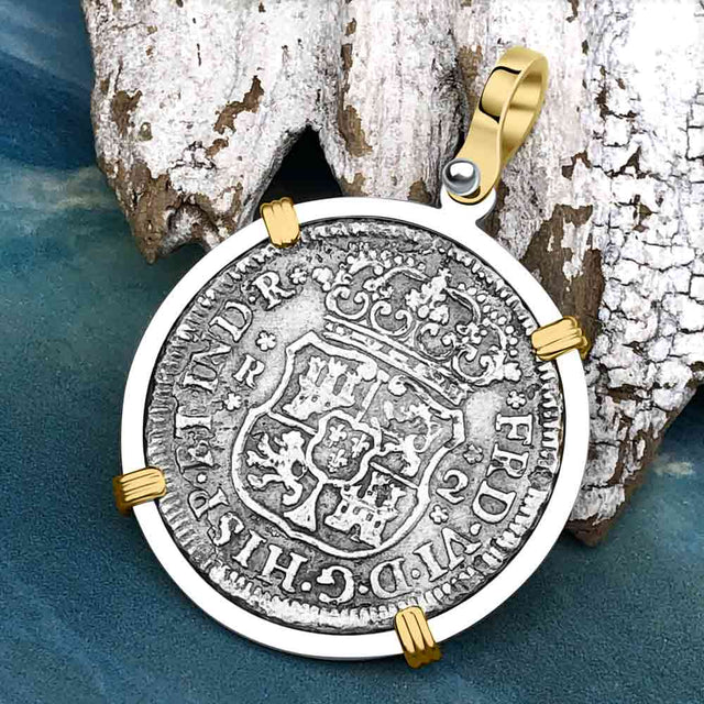 El Cazador Shipwreck 1755 RARE Pillar Dollar 2 Reale Piece of 8 14K Gold and Sterling Silver Pendant