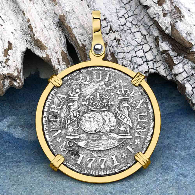 El Cazador Shipwreck 1771 RARE Pillar Dollar 2 Reale Piece of 8 14K Gold Pendant
