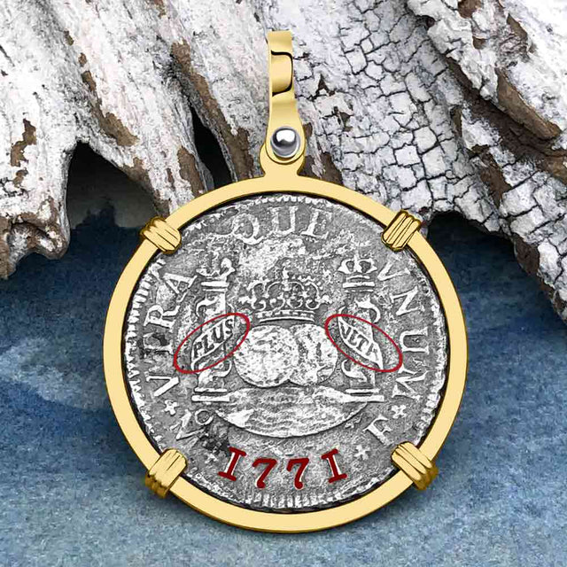 El Cazador Shipwreck 1771 RARE Pillar Dollar 2 Reale Piece of 8 14K Gold Pendant