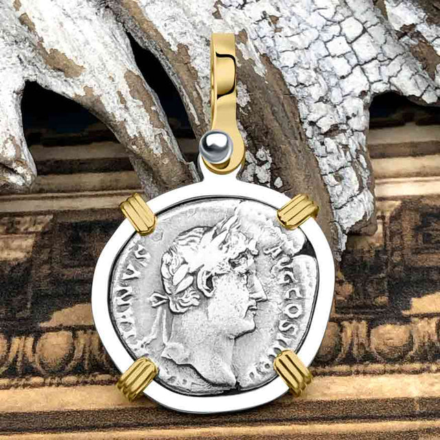 Roman Empire Silver Denarius Coin of Hadrian, the Builder 134 AD 14K Gold and Sterling Silver Pendant