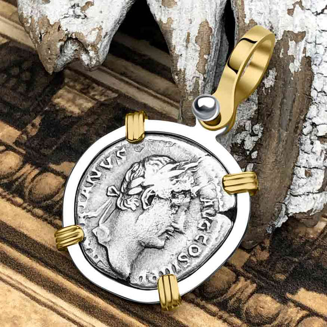 Roman Empire Silver Denarius Coin of Hadrian, the Builder 134 AD 14K Gold and Sterling Silver Pendant