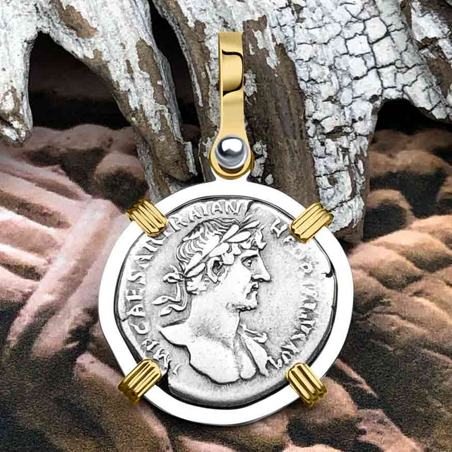 Roman Empire Silver Denarius Coin of Hadrian, the Builder 119 AD 14K Gold and Sterling Silver Pendant
