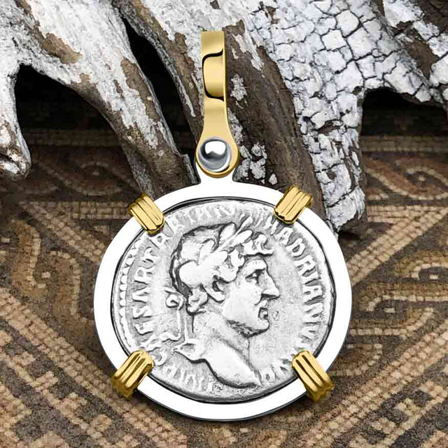 Roman Empire Silver Denarius Coin of Hadrian, the Builder 119 AD 14K Gold and Sterling Silver Pendant