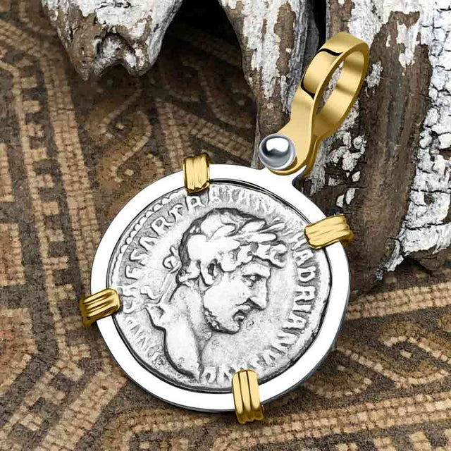 Roman Empire Silver Denarius Coin of Hadrian, the Builder 119 AD 14K Gold and Sterling Silver Pendant
