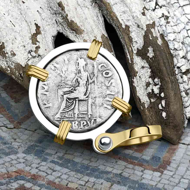 Roman Empire Silver Denarius Coin of Hadrian, the Builder 120 AD 14K Gold and Sterling Silver Pendant