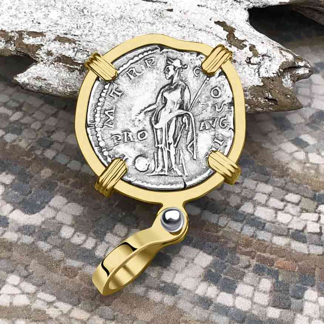 Roman Empire Silver Denarius Coin of Hadrian, the Builder 121 AD 14K Gold Pendant