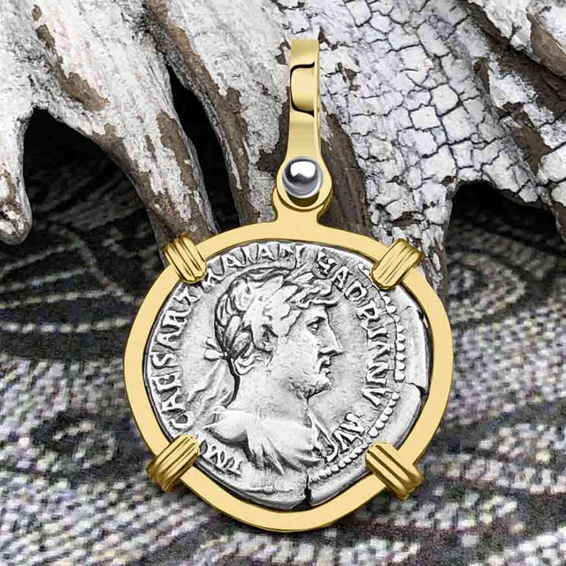 Roman Empire Silver Denarius Coin of Hadrian, the Builder 119 AD 14K Gold Pendant