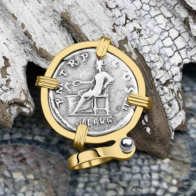 Roman Empire Silver Denarius Coin of Hadrian, the Builder 118 AD 14K Gold Pendant