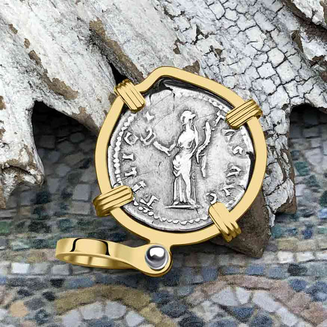 Roman Empire Silver Denarius Coin of Hadrian, the Builder 119 AD 14K Gold Pendant