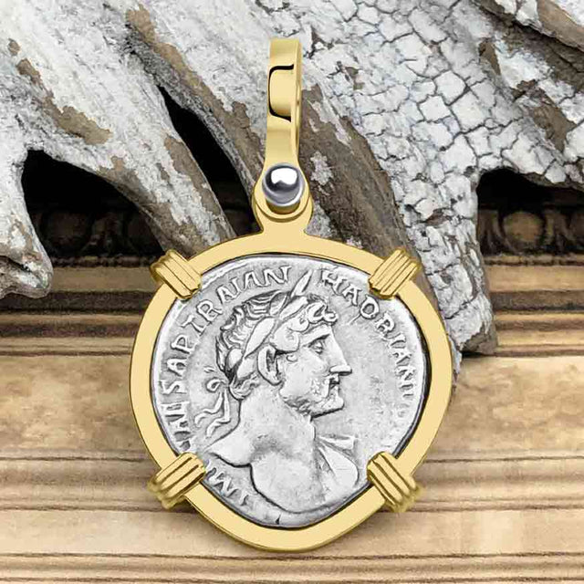 Roman Empire Silver Denarius Coin of Hadrian, the Builder 119 AD 14K Gold Pendant