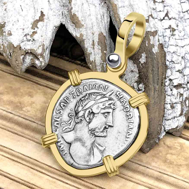 Roman Empire Silver Denarius Coin of Hadrian, the Builder 119 AD 14K Gold Pendant