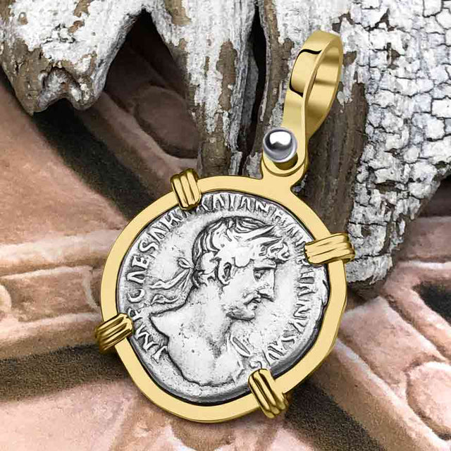 Roman Empire Silver Denarius Coin of Hadrian, the Builder 121 AD 14K Gold Pendant