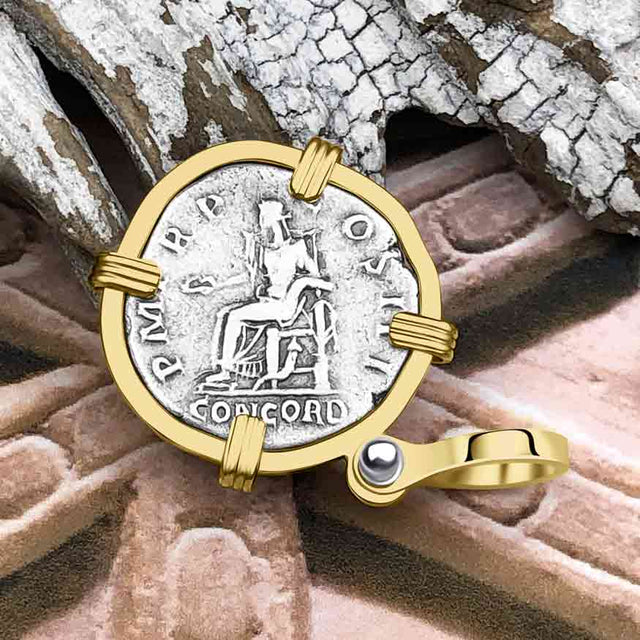 Roman Empire Silver Denarius Coin of Hadrian, the Builder 121 AD 14K Gold Pendant