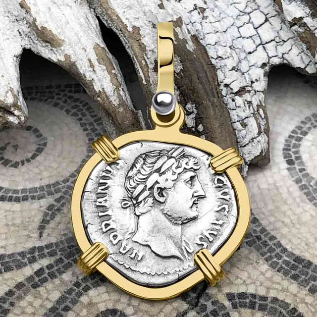 Roman Empire Silver Denarius Coin of Hadrian, the Builder 124 AD 14K Gold Pendant