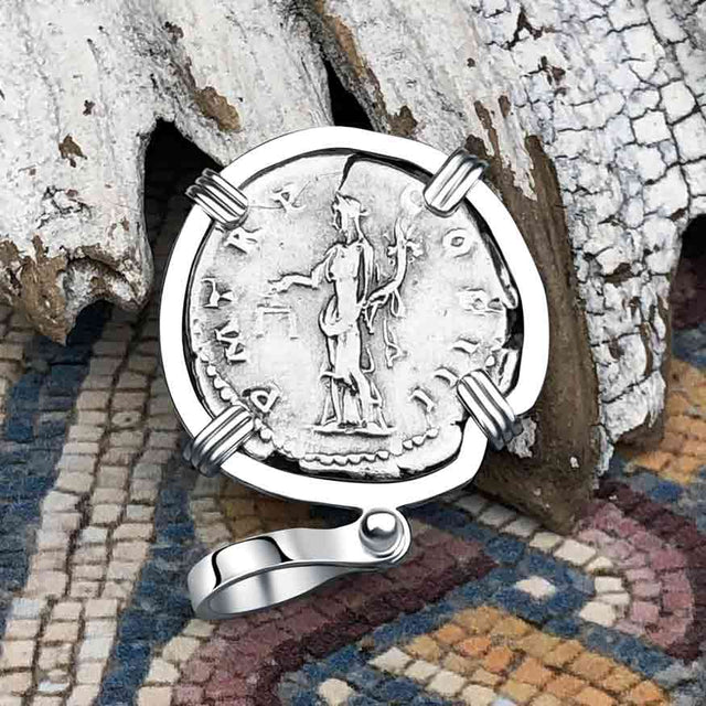 Roman Empire Silver Denarius Coin of Hadrian, the Builder 119 AD 14K White Gold Pendant