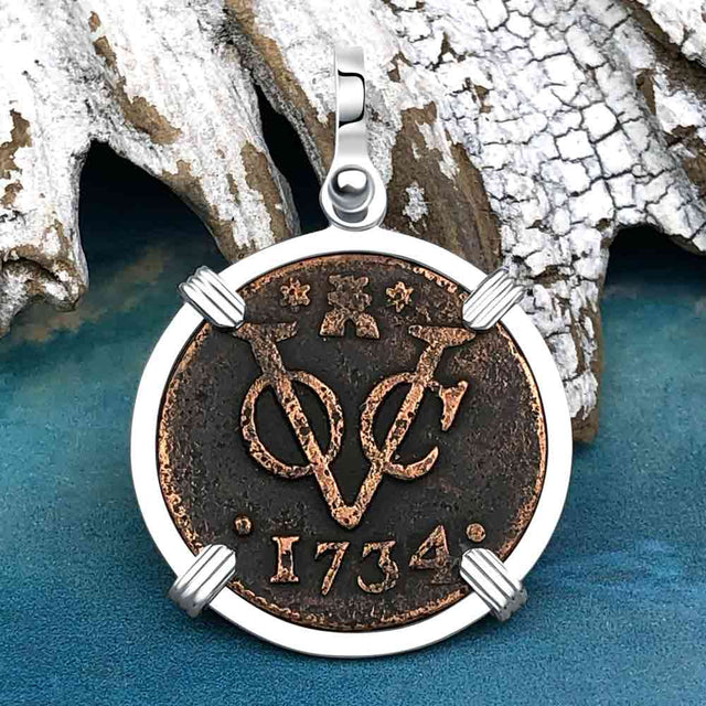 VOC - Dutch East India Company Shipwreck - I Struggle and Survive - 1734 1 Duit Sterling Silver Pendant