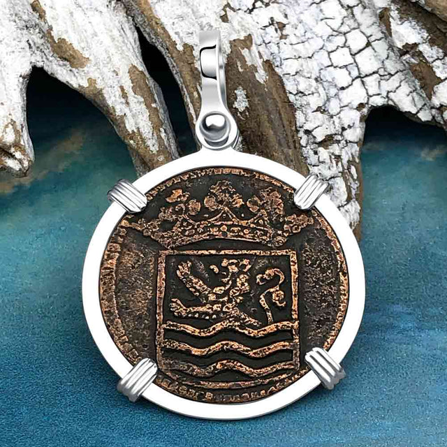 VOC - Dutch East India Company Shipwreck - I Struggle and Survive - 1734 1 Duit Sterling Silver Pendant