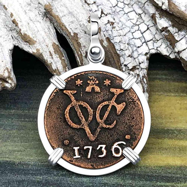 VOC - Dutch East India Company Shipwreck - I Struggle and Survive - 1736 1 Duit Sterling Silver Pendant