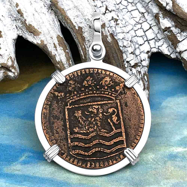 VOC - Dutch East India Company Shipwreck - I Struggle and Survive - 1744 1 Duit Sterling Silver Pendant